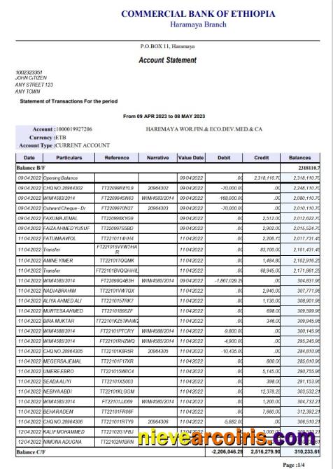 Ethiopia Commercial Bank of Ethopia bank statement, Word and PDF format, 4 pages